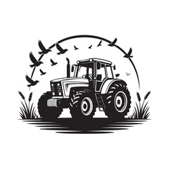 tractor silhouette with birds and tall grass farm vector