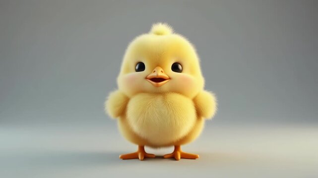 Cute Fluffy Yellow Chick Standing Still with Eyes Closed and Open.