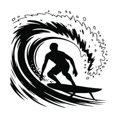 surfer silhouette riding a curling wave vector illustration