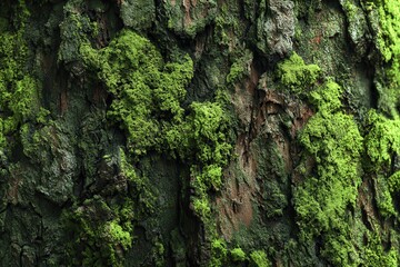 Rich green moss contrasts with dark, rough tree bark in a forest setting, showcasing earthy tones of brown and gray, evoking a vibrant, natural atmosphere perfect for nature enthusiasts