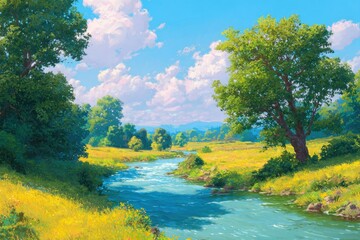 Serene river landscape with lush greenery and sunlit hills under a bright sky, perfect for nature lovers and tranquil scene enthusiasts seeking stunning visuals for relaxation or inspiration