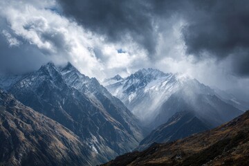 Majestic mountain landscape with snowy peaks and dramatic clouds, showcasing textured rocky slopes and vibrant greenery, evoking a sense of nature's grandeur and mystery