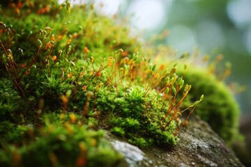 Lush green moss on rocky surface with delicate seeds and water droplets creating a serene, tranquil atmosphere ideal for nature photography enthusiasts and landscape lovers