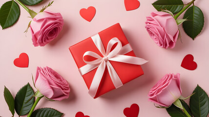 Romantic flat lay with roses heart shapes and a red gift box on pink