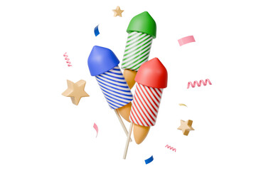 Obraz premium 3d striped rocket fireworks with confetti icon. celebration concept. minimal cartoon firecracker rockets for holiday banner hero. isolated on white background. 3d render.