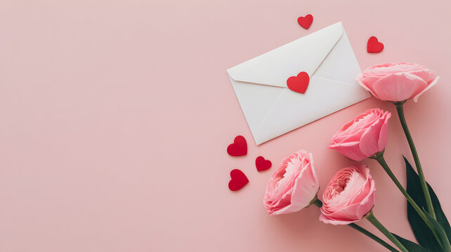 Romantic flat lay with love letters pink tulips and scattered red hearts on pastel background - Powered by Adobe