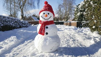 Decorated snowman wearing red hat and scarf stands proudly in snowy landscape, radiating joy and winter cheer