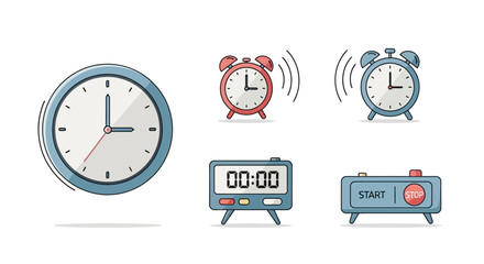 Obraz premium Illustrated collection of analog and digital clocks and timers, featuring ringing twin-bell alarms and a stopwatch.