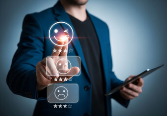 A Caucasian male is depicted from the chest up, his right hand extended towards the viewer