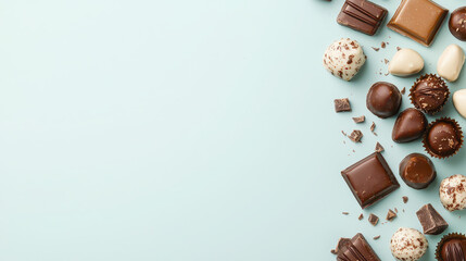 Delightful assortment of chocolate treats including truffles, bars, and pralines on light blue background