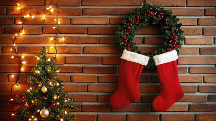 Festive holiday mantel features decorated wreath and red stockings, creating warm and cheerful atmosphere
