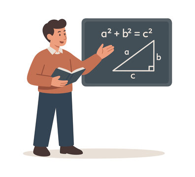 Math teacher explaining pythagorean theorem, flat vector illustration, education, geometry