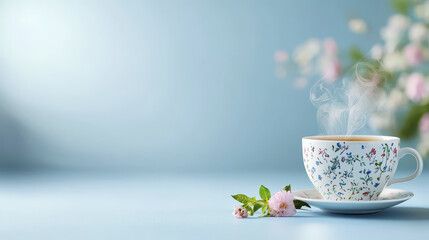 Delightful teacup with steaming beverage, surrounded by soft floral elements, evokes sense of tranquility and warmth