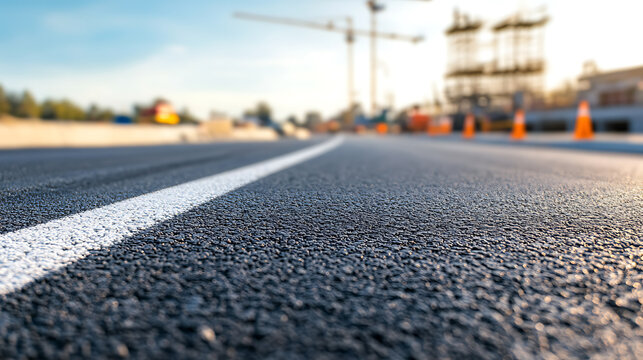 Close-up of new asphalt road with a white line, construction site with cranes and orange cones in the blurry background. Sunny day and clear sky at the construction site.