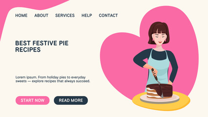 Vector baking classes banner with a woman preparing and decorating chocolate cake. Baking background for bakery ads, dessert recipes, cooking classes, and food blogs.