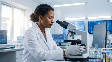 Black female scientist working with microscope in modern laboratory