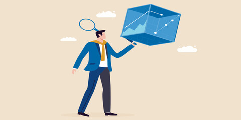 Business professional examines data analysis within a transparent cubic representation
