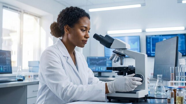 Black female scientist working with microscope in modern laboratory - Powered by Adobe