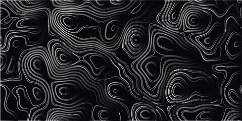High contrast black and white topographic contour lines with a sense of depth and organic, swirling patterns creating a textured background