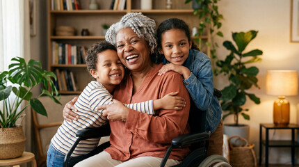 Happy african american grandmother in wheelchair embracing her grandchildren at home