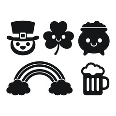 St. patrick's day icons: leprechaun, clover, pot of gold, rainbow, beer mug