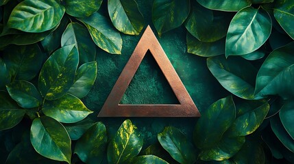 Mysterious wooden triangle symbol rests amidst lush dark green foliage and leaves