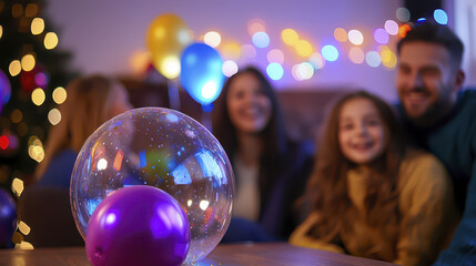 Joyful family celebration with colorful balloons and festive lights creates warm atmosphere