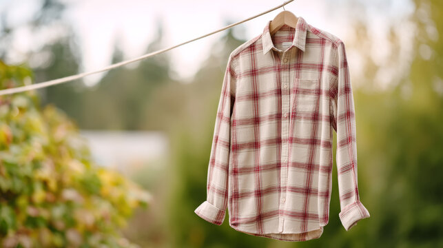 Cozy flannel shirt waving gently on outdoor drying line in sunny garden
