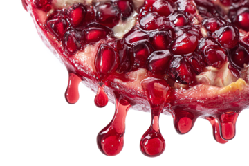 Closeup of a pomegranate half with dripping juice isolated on transparent background