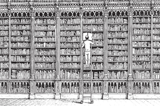 Vintage Library Illustration with Ladder and Bookshelves