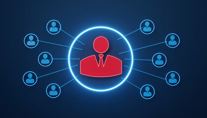 Network Connectivity Visualization: A stylized image showing a central red person icon connected to a network of blue person icons, emphasizing interconnectedness.