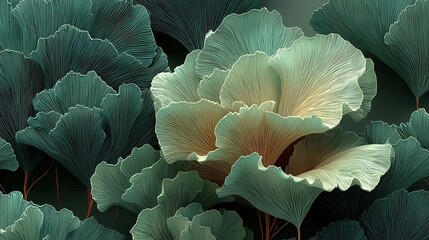 Elegant Ginkgo Leaves Line Art in Green Tones &mdash; Botanical Abstract Background