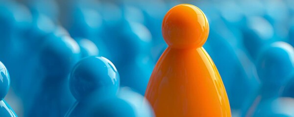 individuality, uniqueness, standing out, crowd, blue background, focus, concept of individuality, leadership A bright orange figure stands out among a sea of blue figures, emphasizing the theme of u