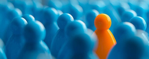 individuality, uniqueness, standing out, crowd, blue background, focus, concept of individuality, leadership A bright orange figure stands out among a sea of blue figures, emphasizing the theme of u