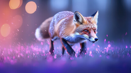 Fox running across vibrant meadow filled with colorful flowers, illuminated by soft, glowing lights, creates magical