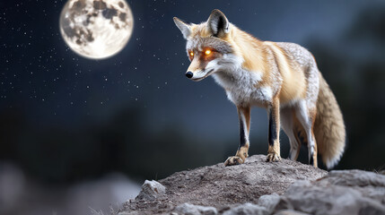 Fox with glowing eyes stands on rocky surface under full moon, creating mystical atmosphere