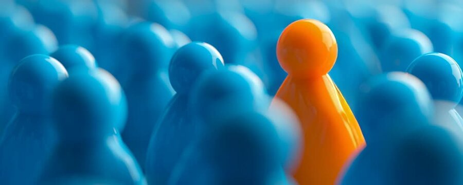 individuality, uniqueness, standing out, crowd, blue background, focus, concept of individuality, leadership A bright orange figure stands out among a sea of blue figures, emphasizing the theme of u