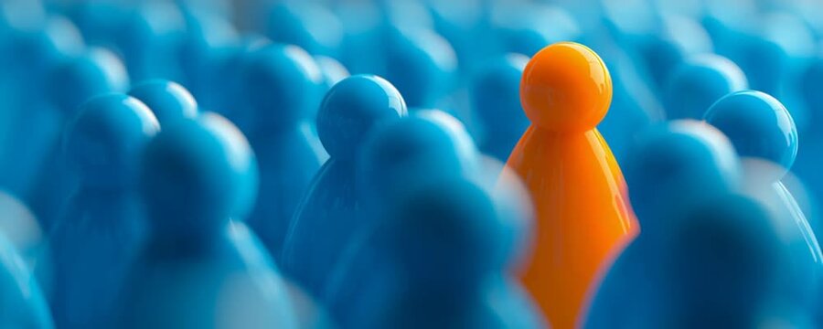 individuality, uniqueness, standing out, crowd, blue background, focus, concept of individuality, leadership A bright orange figure stands out among a sea of blue figures, emphasizing the theme of u