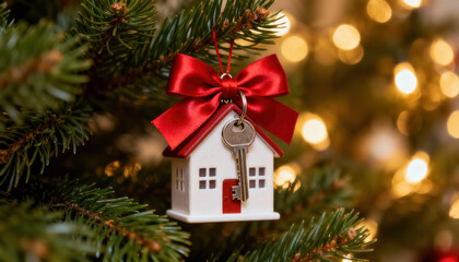 Realestate property investment house mortgage business festive miniature home ornament with key and red bow evoking cozy