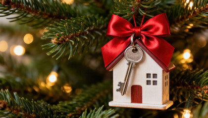 Realestate property investment house mortgage business festive holiday charm with key ornament evergreen tree evoking cozy