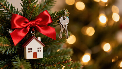 Real estate property investment house mortgage business holiday charm with wooden house ornament red bow and keys on fir tree