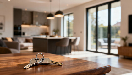 Real estate property investment house mortgage business keys on wooden table in modern bright living room with warm mood