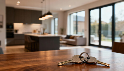 Real estate property investment house mortgage business keys wooden table modern open plan kitchen with warm light inviting