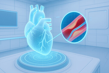 Holographic heart model highlighting artery plaque and heart care awareness in clinical lab setting conveying medical education and preventive health urgency
