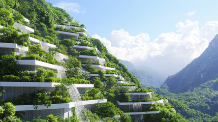 Futuristic ecological city with terraced greenery, cascading waterfalls, and modern architecture nestled mountainous landscape