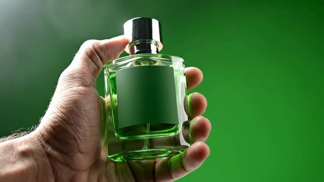 Hand holding a square glass bottle of green cologne or perfume product with a blank label against a vibrant backdrop