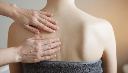 Therapist Giving Back Massage to Relaxed Woman with Bare Shoulders in Spa Setting Promoting Physical Therapy Wellness and Stress Relief Concept