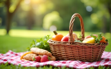 Public Garden Picnic Banner Featuring a Straw Basket Full of Delicious Food, Ideal for Family Party Invitations in a Summer City Park. High quality