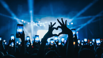 Hand heart silhouette illuminated by smartphone screens in audience, cool blue stage lighting, energetic concert atmosphere, night event, joyful crowd, live music