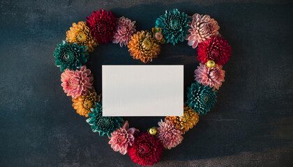 Heart shaped arrangement of colorful flowers frames blank white invitation card on dark textured background, creating romantic and elegant mood for special occasions
